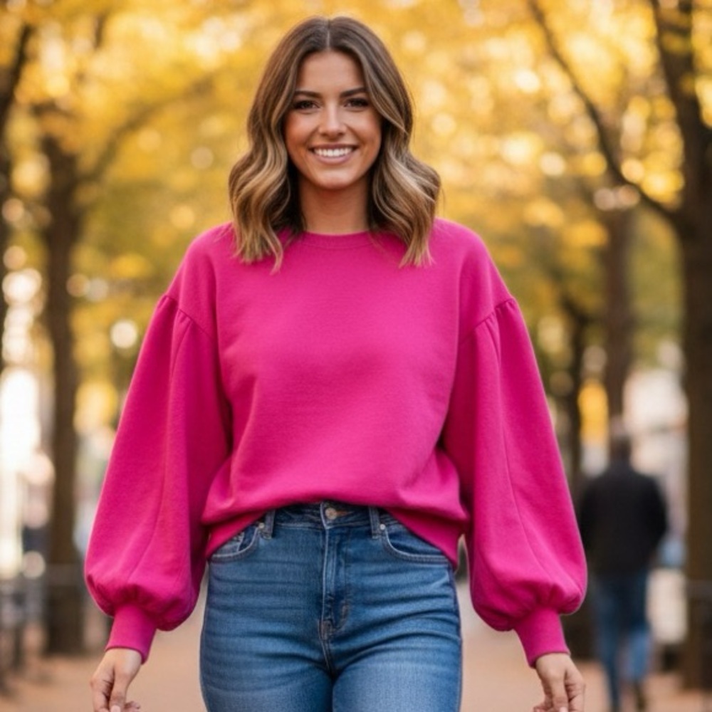 Romeo & Juliet Couture Fucshia Pink Puff Sleeve Sweatshirt Size S
